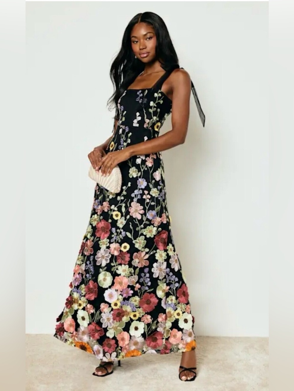 NWT Lulu's Black Dress with Multicolor 3D Flowers Tie Straps